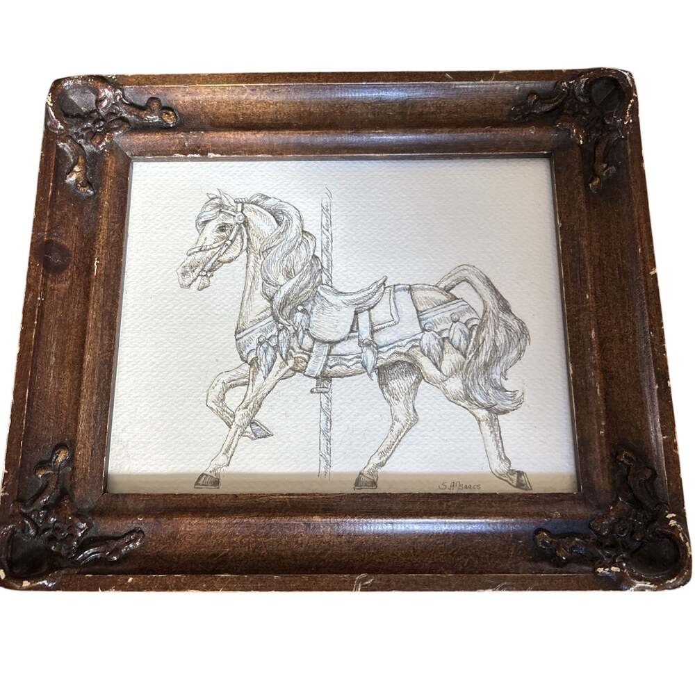 CAROUSEL HORSE FRAMED Drawing Signed Wooden FRAME Susan A Isaacs